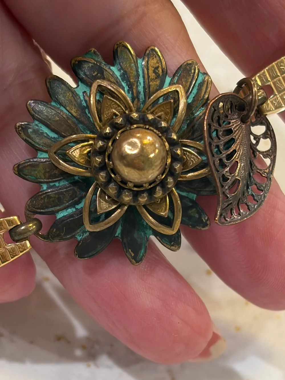 Antique Gold Floral Bracelet with Turquoise Patina Accents